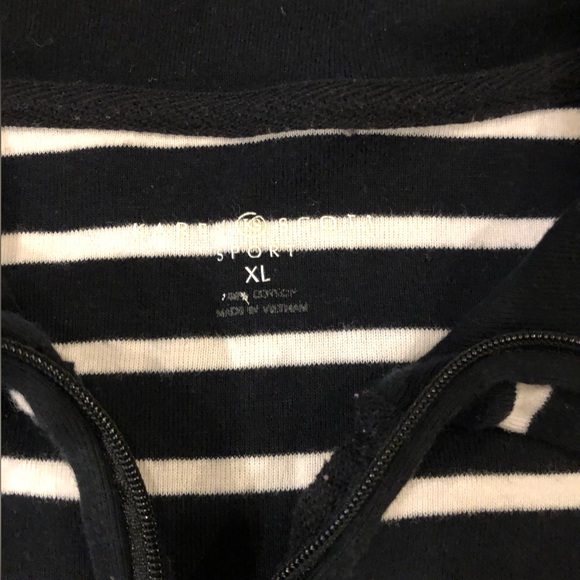 Karen Scott Sport 3/4 sleeve 1/4 zip striped pullover w/front pouch pocket B&W - Picture 2 of 9